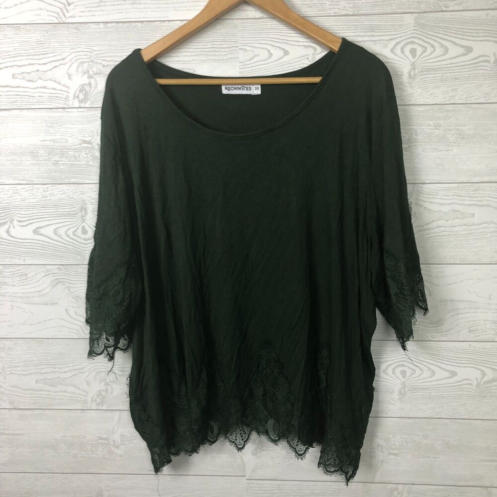 Roommates Women's 3X Scoop Neck Top Lace Trim Shirt Olive Green Casual